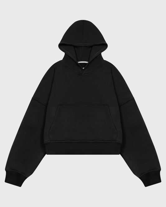 BLACK CROPPED PULLOVER HOODIE